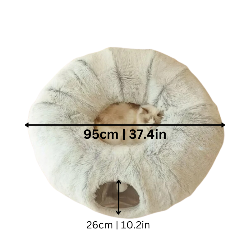 Interactive cat play tunnel and washable gray pet bed, perfect for hide-and-seek and cozy naps. Durable cat supplies.