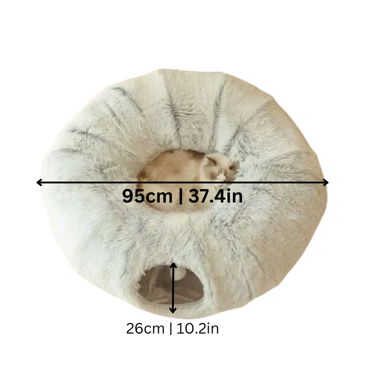 Interactive cat play tunnel and washable gray pet bed, perfect for hide-and-seek and cozy naps. Durable cat supplies.