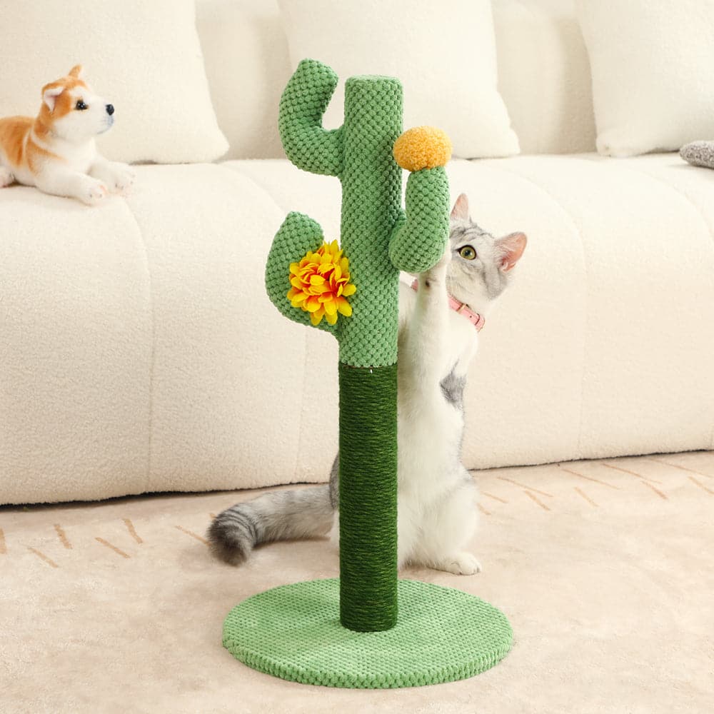 Stylish cactus cat tree with sisal scratcher for feline claw care, blending with home decor.