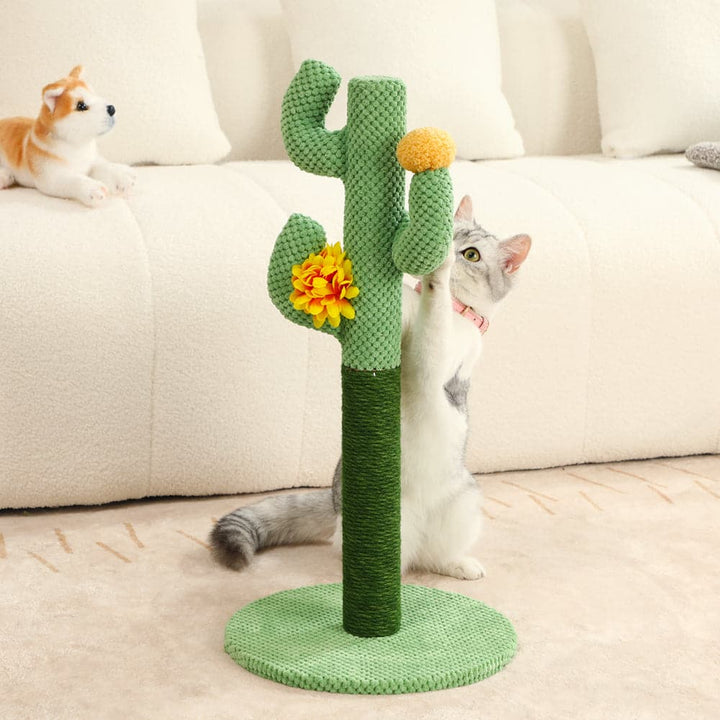 Stylish cactus cat tree with sisal scratcher for feline claw care, blending with home decor.