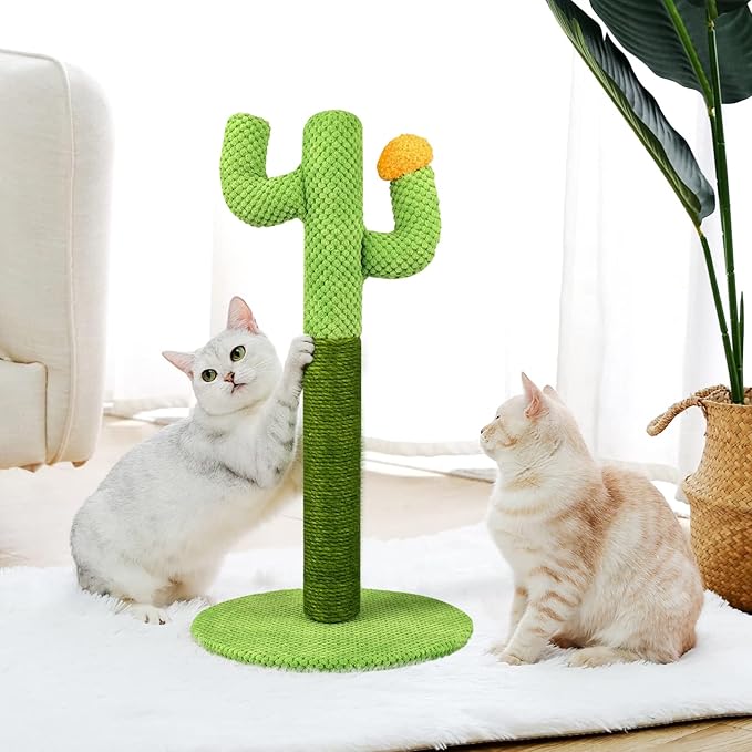 Durable sisal cat scratching post shaped like a cactus, providing essential claw maintenance for felines.
