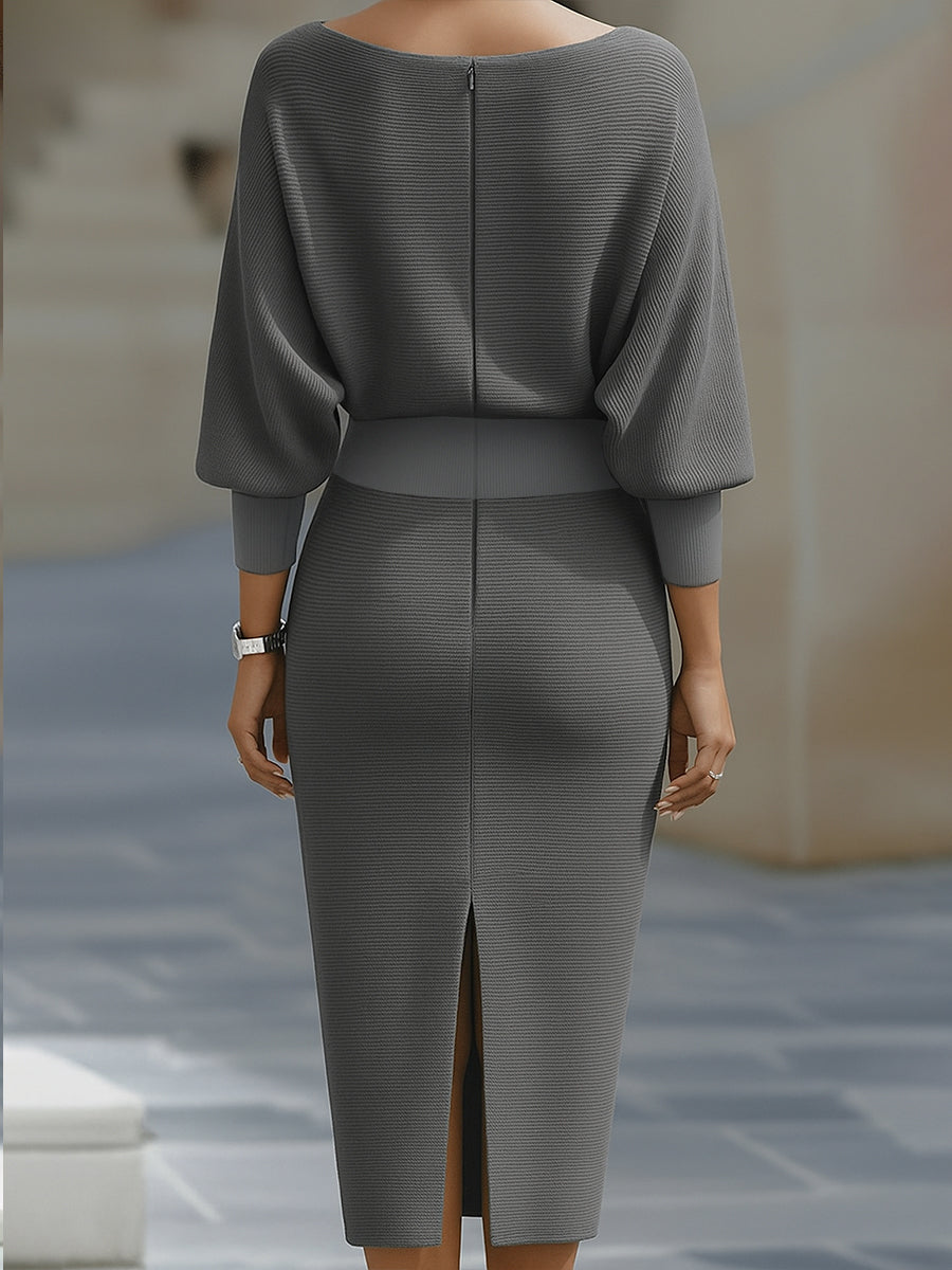 Sophisticated women's modern classic midi dress with elegant draping & comfortable batwing sleeves.