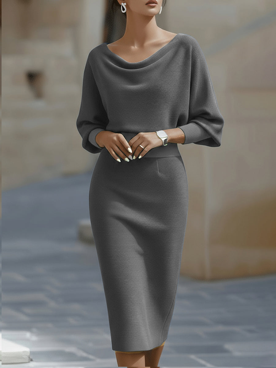 Full shot of women's elegant draped batwing midi dress, ideal for evening wear & formal events.