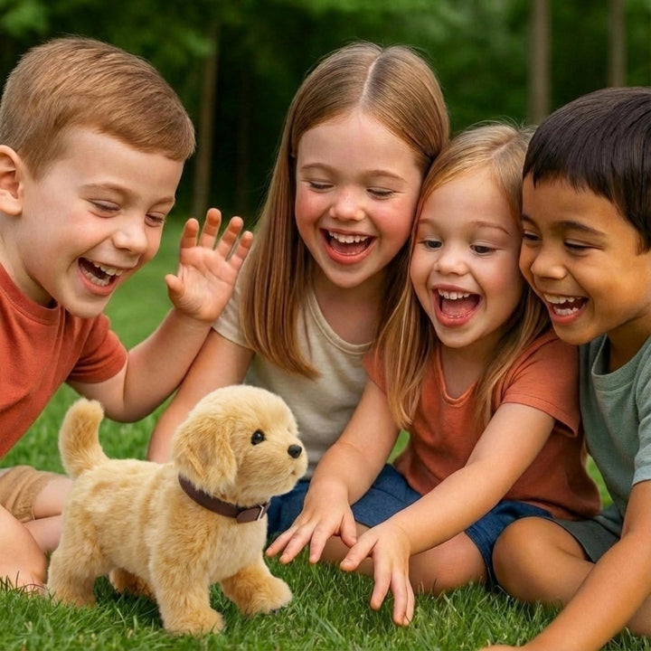Happy child playing with a lifelike interactive robot puppy, fostering imaginative play and joy.