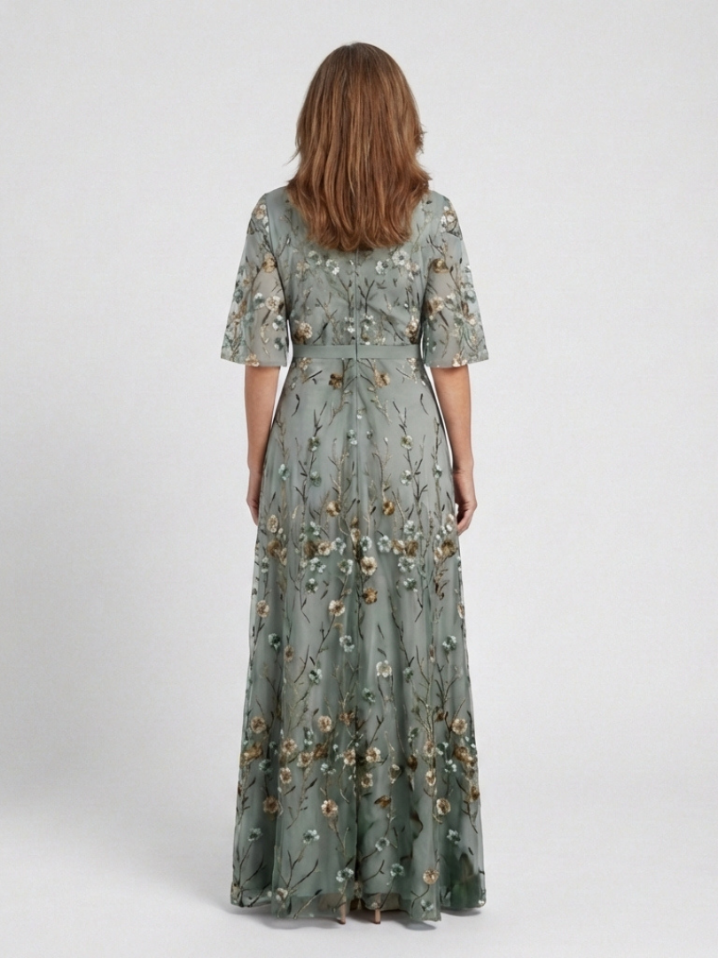 Flowing floral V-neck maxi dress for women. Perfect elegant formal or special occasion spring/summer dress.