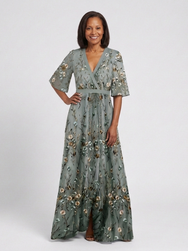 Elegant women's spring/summer floral V-neck short sleeve maxi dress. Perfect for special occasions.
