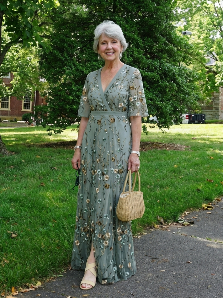 Women's floral V-neck short sleeve maxi dress. Elegant, comfortable, and flowing, ideal for formal occasions.