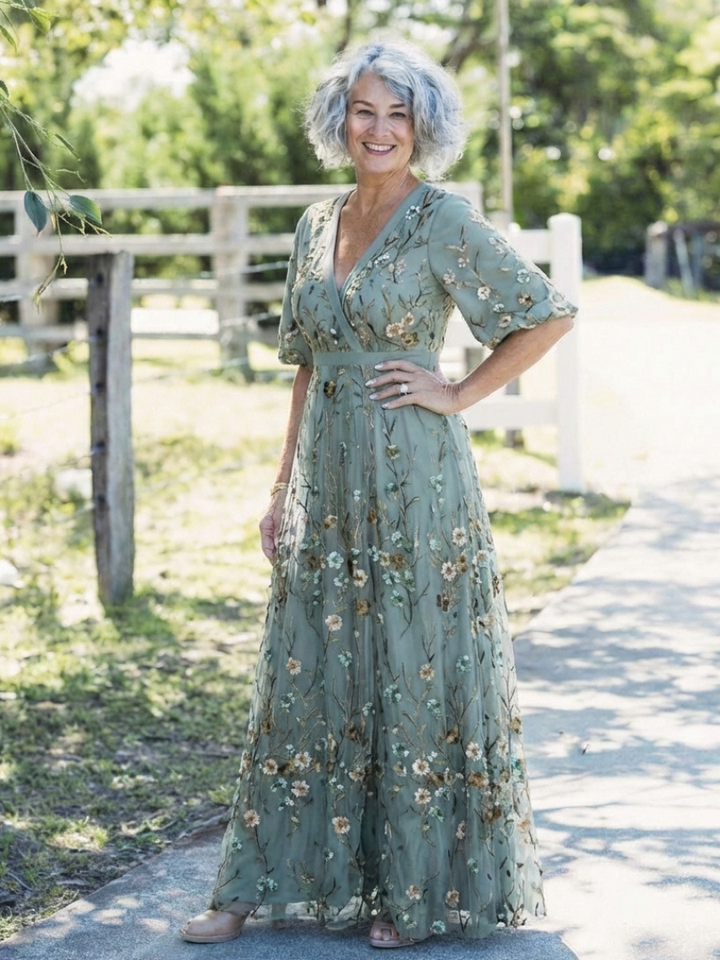 Stylish women's green floral V-neck short sleeve maxi dress. Versatile for spring/summer formal & evening events.