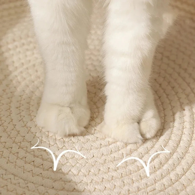 Stylish hand-woven rattan pet bed with integrated scratcher; offers ultimate feline comfort & modern pet furniture.
