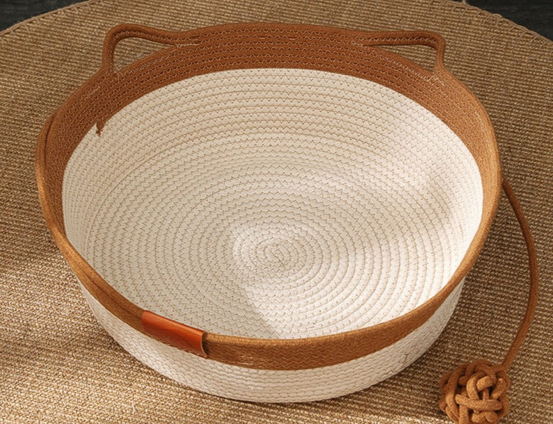Beautifully crafted rattan cat bed & scratcher; a durable, stylish pet furniture piece for happy cats.