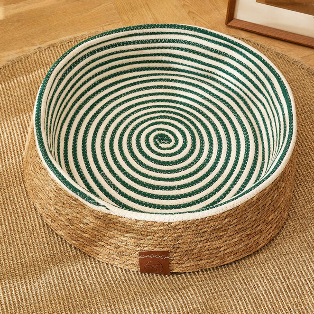 Durable hand-woven rattan cat scratching bed. Natural pet furniture offers comfort & a perfect scratch surface.