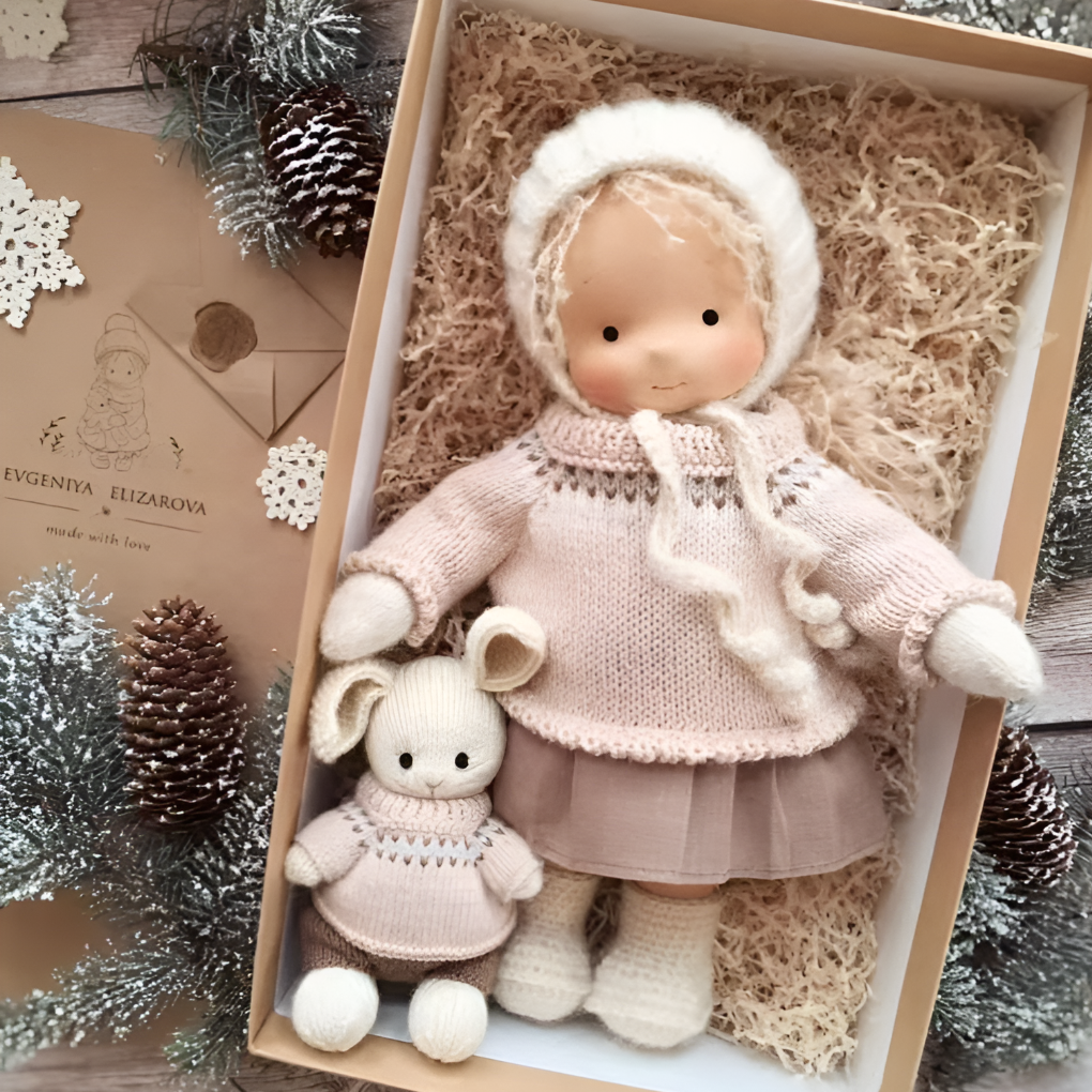 Cuddly children's toy: handmade Waldorf doll, hypoallergenic, ideal for comforting toddlers.