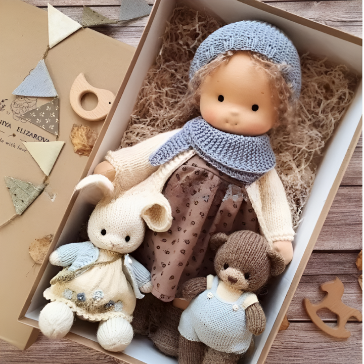 Handmade Waldorf doll, a sweet cuddly companion for children's imaginative adventures.