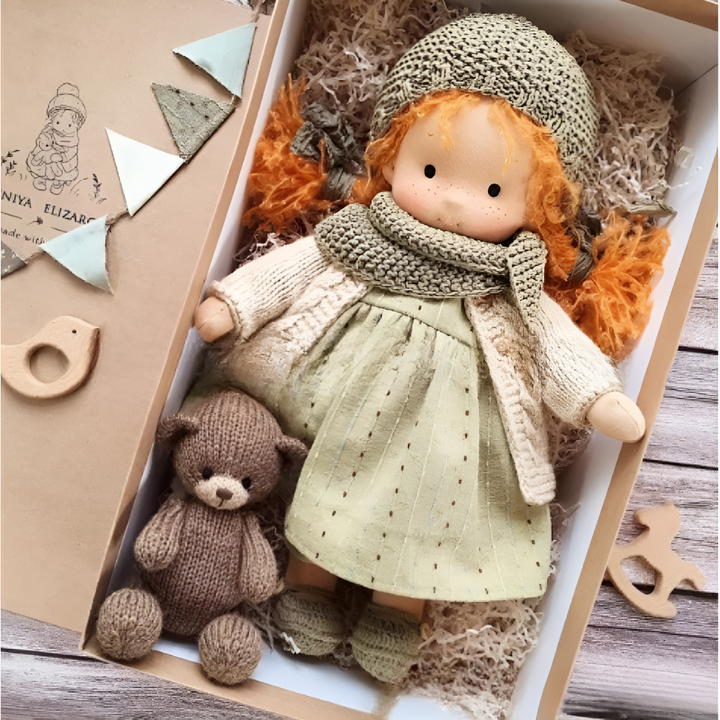Soft plush Waldorf doll, handmade with care, natural materials for gentle play.