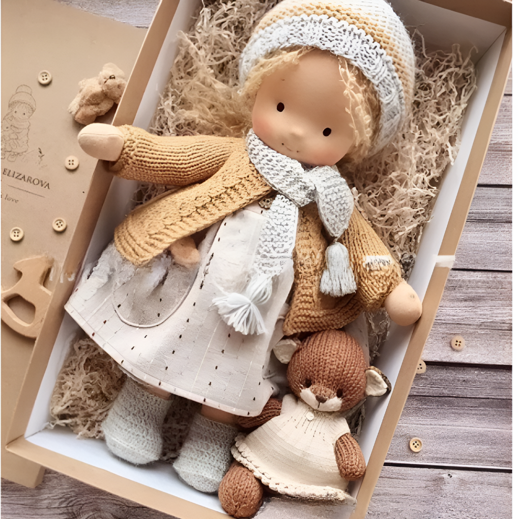 Gift for kids: handmade Waldorf cuddly doll, hypoallergenic, encourages imaginative play.