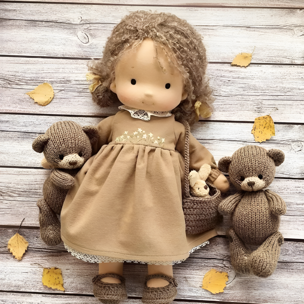 Handmade Waldorf doll, cuddly and soft, made from pure natural cotton wool for kids.