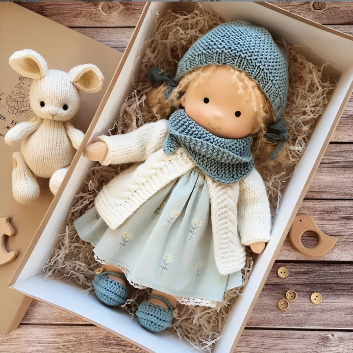 Hypoallergenic handmade Waldorf doll, natural fibers, designed for safe imaginative play.
