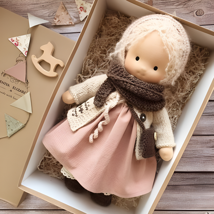Soft children's toy: handmade Waldorf doll, hypoallergenic & made with natural materials.