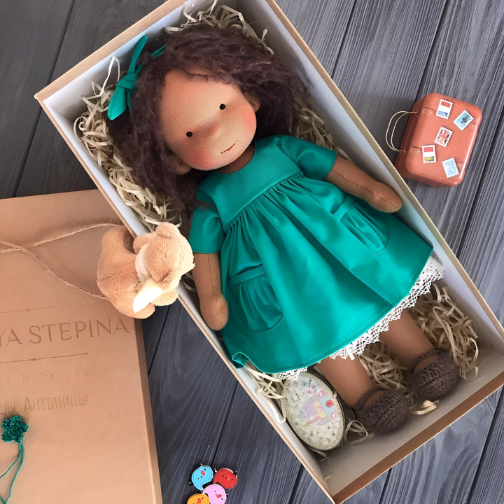 Soft children's toy: handmade Waldorf doll, plush and cuddly, promotes creative play.