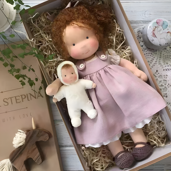 Natural materials handmade Waldorf doll, soft, hypoallergenic, perfect for young children.