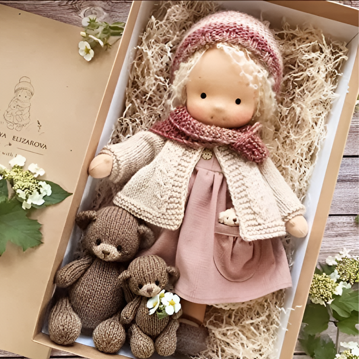 Cuddly Waldorf doll, handmade, durable for imaginative play, made with natural cotton.