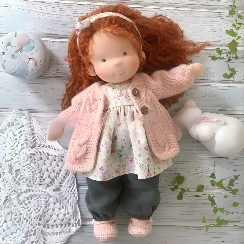 Educational toy: handmade Waldorf doll, cuddly, natural materials, great for toddlers.