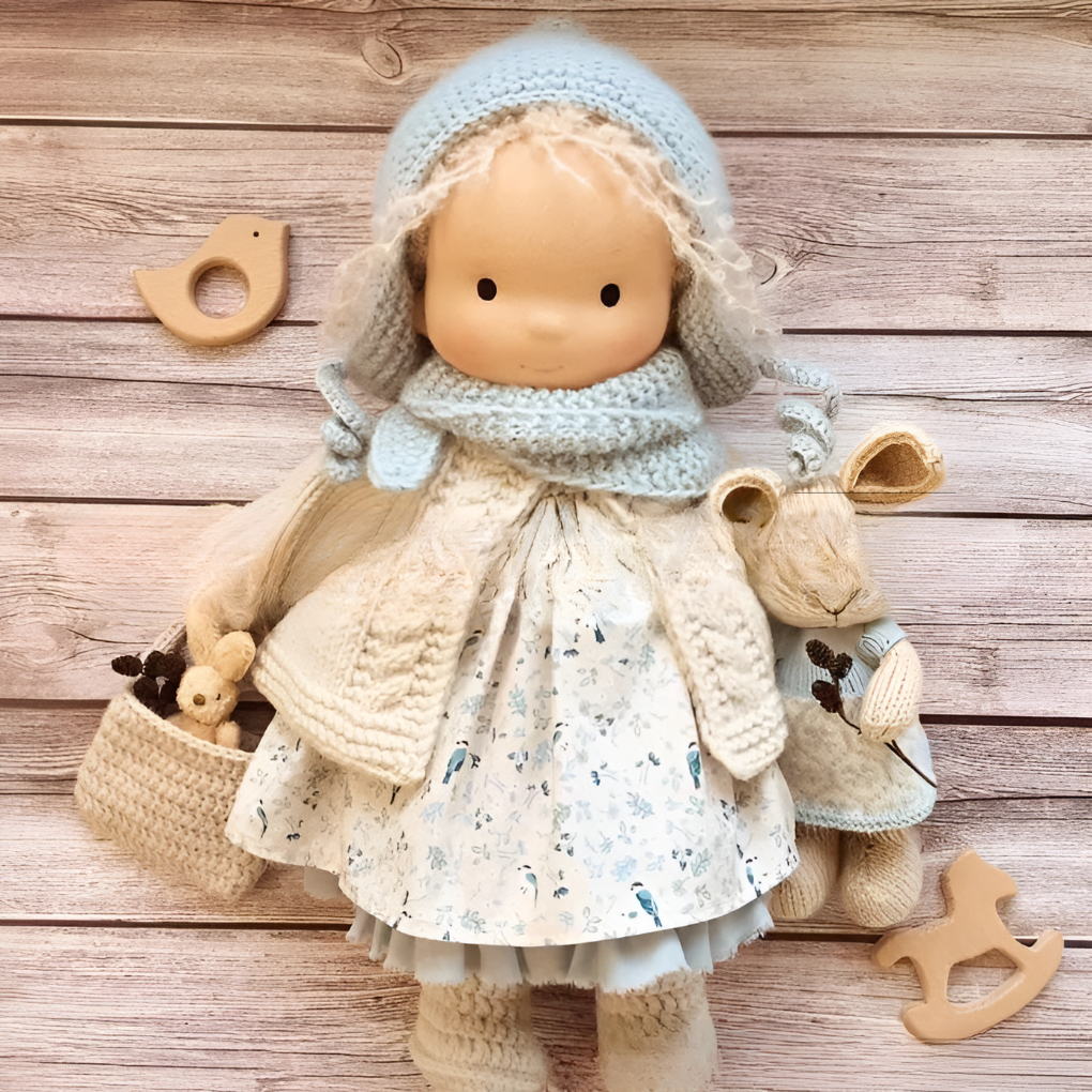 Handmade Waldorf doll, natural materials, a plush and soft companion for creative play.