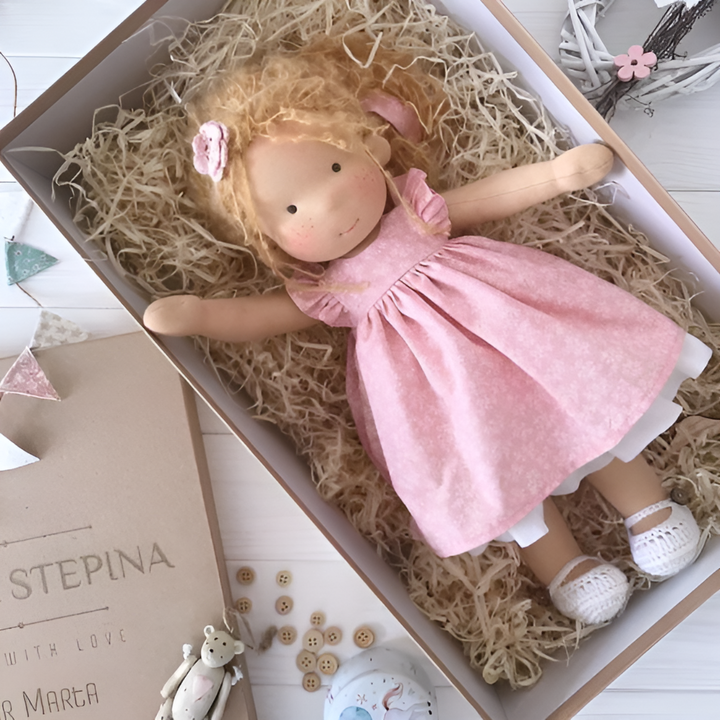 Gift idea: handmade Waldorf doll, cuddly, hypoallergenic, promotes imaginative play.