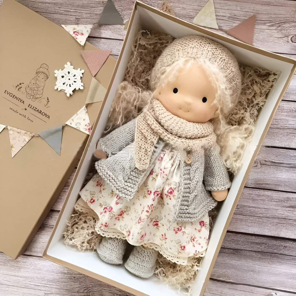 Handmade Waldorf doll, a beloved cuddly toy, perfect for imaginative adventures with kids.