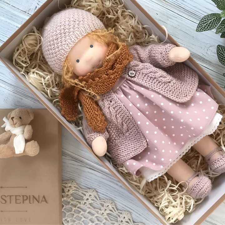 Soft plush handmade Waldorf doll, natural materials, designed for safe, imaginative fun.
