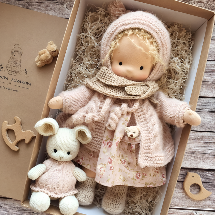 Hypoallergenic handmade Waldorf doll, cuddly, educational, made with natural fibers.