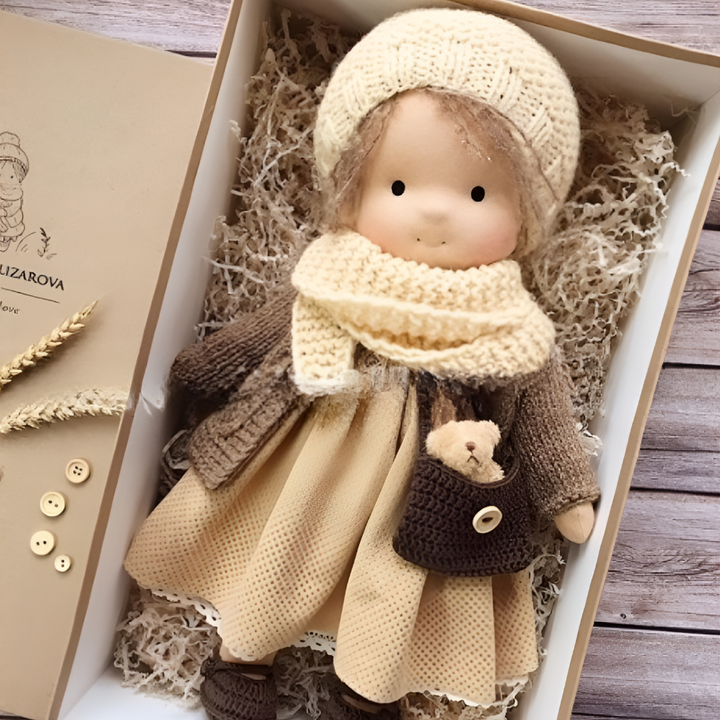 Natural materials handmade Waldorf doll, soft & durable for toddlers' imaginative adventures.