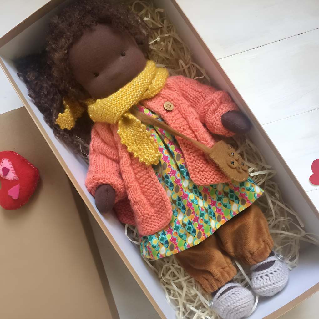 Handmade Waldorf doll for kids, soft cotton wool, encourages imaginative play & comfort.