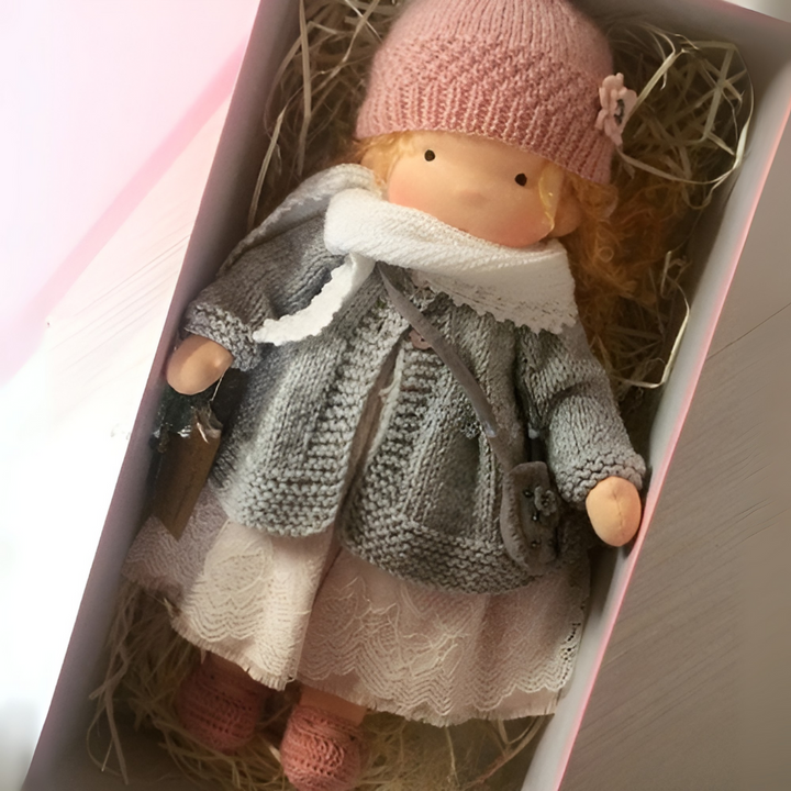 Natural materials Waldorf doll, handmade, cuddly children's toy, perfect for gifting.