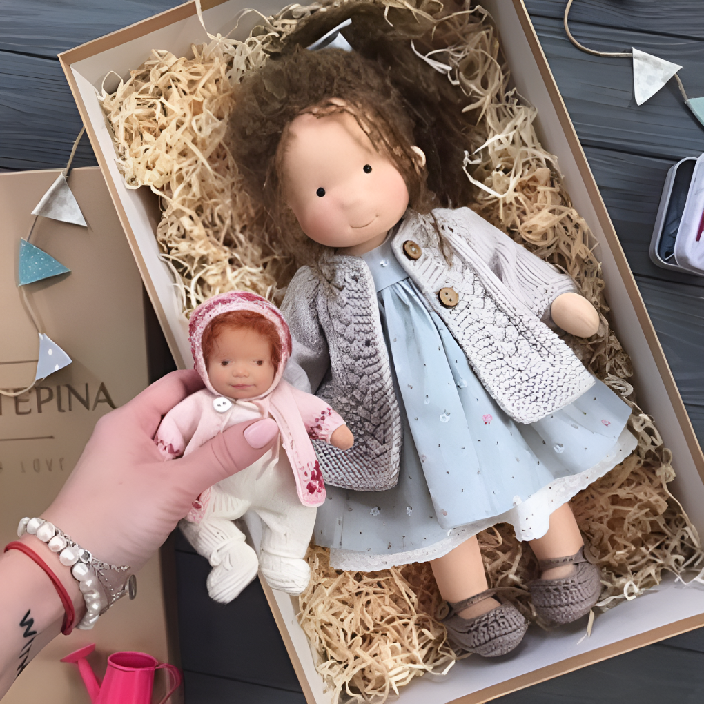 Educational handmade Waldorf doll, cuddly, natural cotton wool, safe for all children.