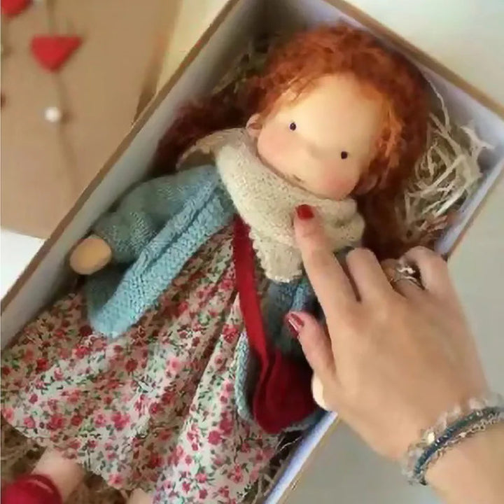 Artisan-made Waldorf plush doll, soft cotton, designed for imaginative children.