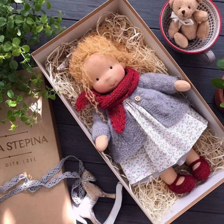 Lovable Waldorf plush doll, handmade cotton, encourages imaginative storytelling.
