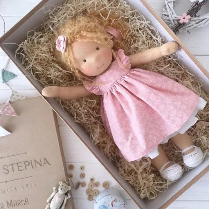 Traditional Waldorf doll, soft cotton toy, handmade for comforting play.