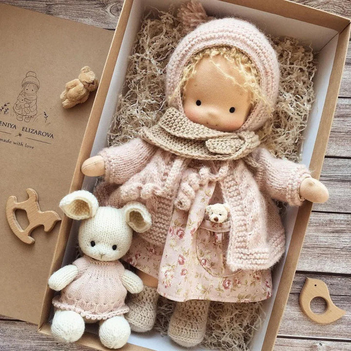Heirloom Waldorf plush doll, handmade cotton, a cherished gift for kids.