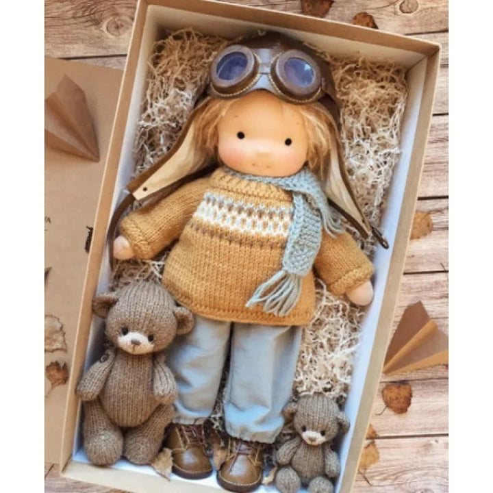 Waldorf concept doll, soft cotton handmade toy, nurtures child development.