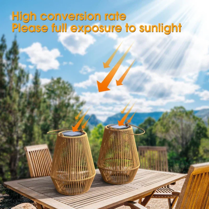 Handwoven solar garden lamp with intricate design, LED light, and waterproof finish, perfect for sustainable outdoor decor.