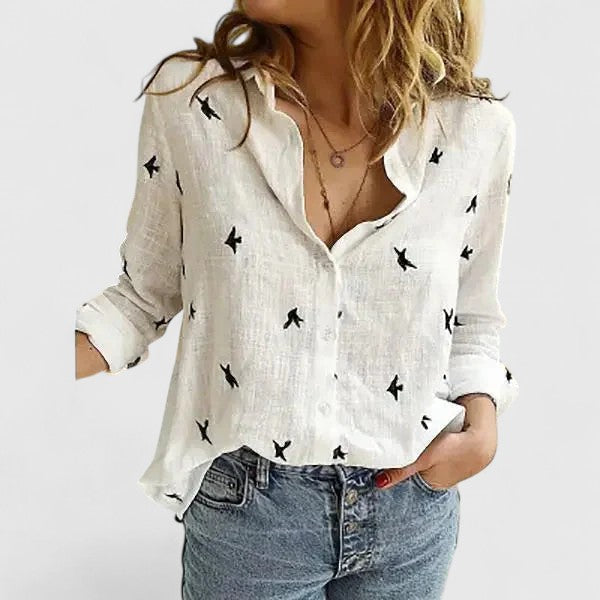 Stylish women's elegant button-down blouse, long sleeve, ideal for professional office workwear.
