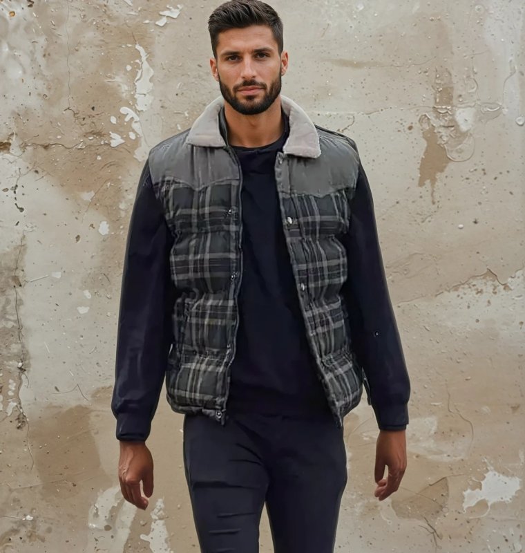 Warm men's plaid puffer gilet, perfect casual vest for layering in fall & winter. Features a soft sherpa collar.