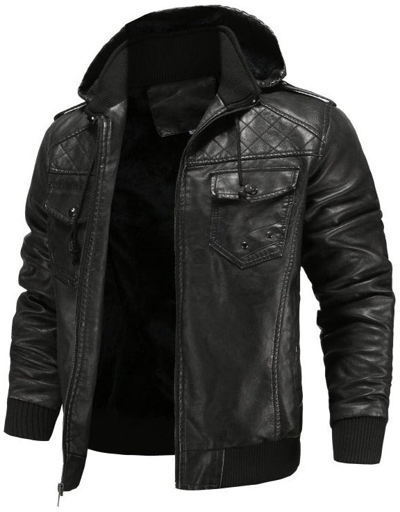 Stylish men's hooded bomber jacket featuring unique quilted shoulders and a convenient zip-up front for fall outerwear.
