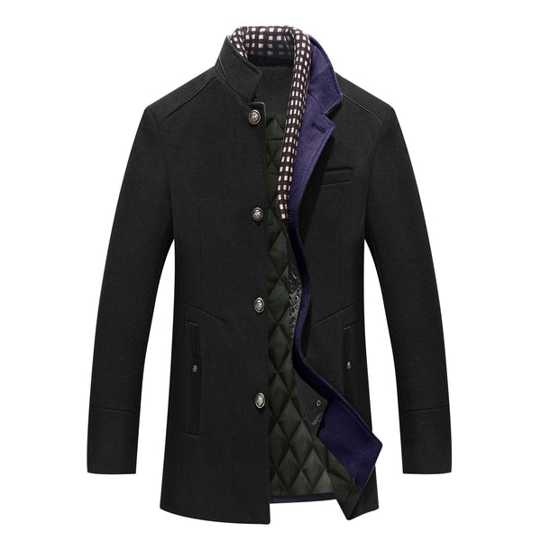 Sophisticated men's mid-length overcoat showcasing a distinctive mandarin collar and classic button front.