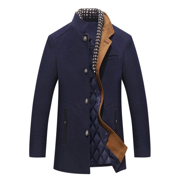 Stylish men's mid-length winter overcoat featuring a sophisticated mandarin collar & front buttons.