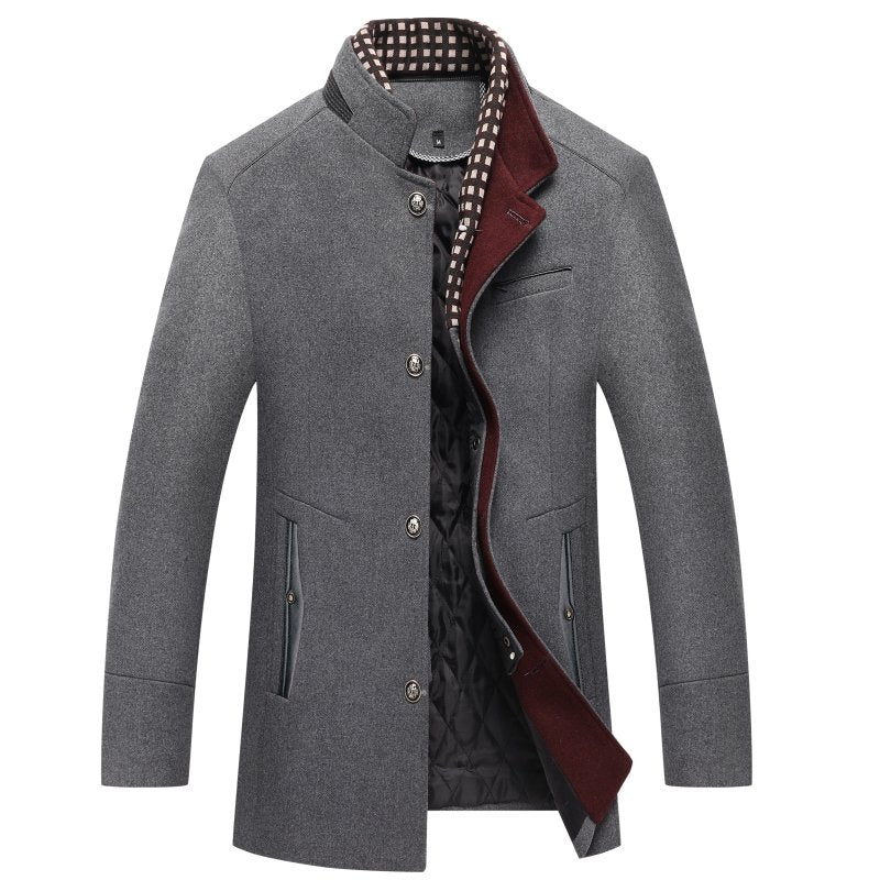 Elegant men's mandarin collar overcoat, mid-length. Ideal stylish outerwear for formal or business winter looks.