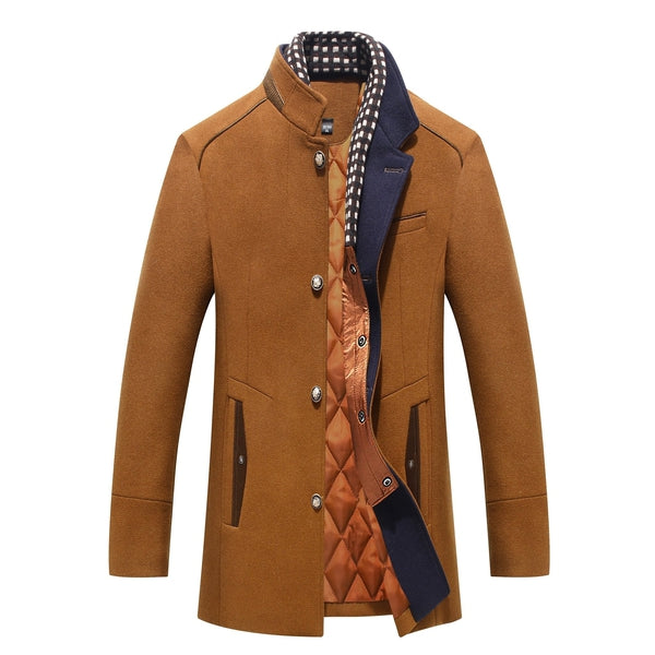 Men's elegant mid-length overcoat with mandarin collar & button front. Perfect for stylish winter outerwear.