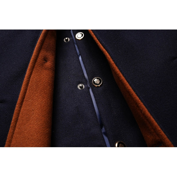 Warm men's elegant mid-length winter overcoat with a refined mandarin collar. Stylish button-front outerwear.
