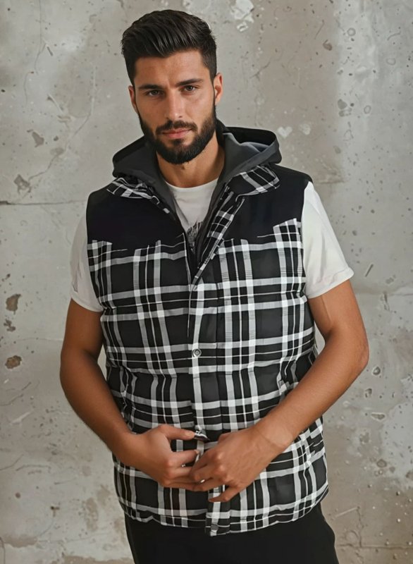 Stylish men's plaid hooded puffer vest, perfect for casual winter fashion and layering.